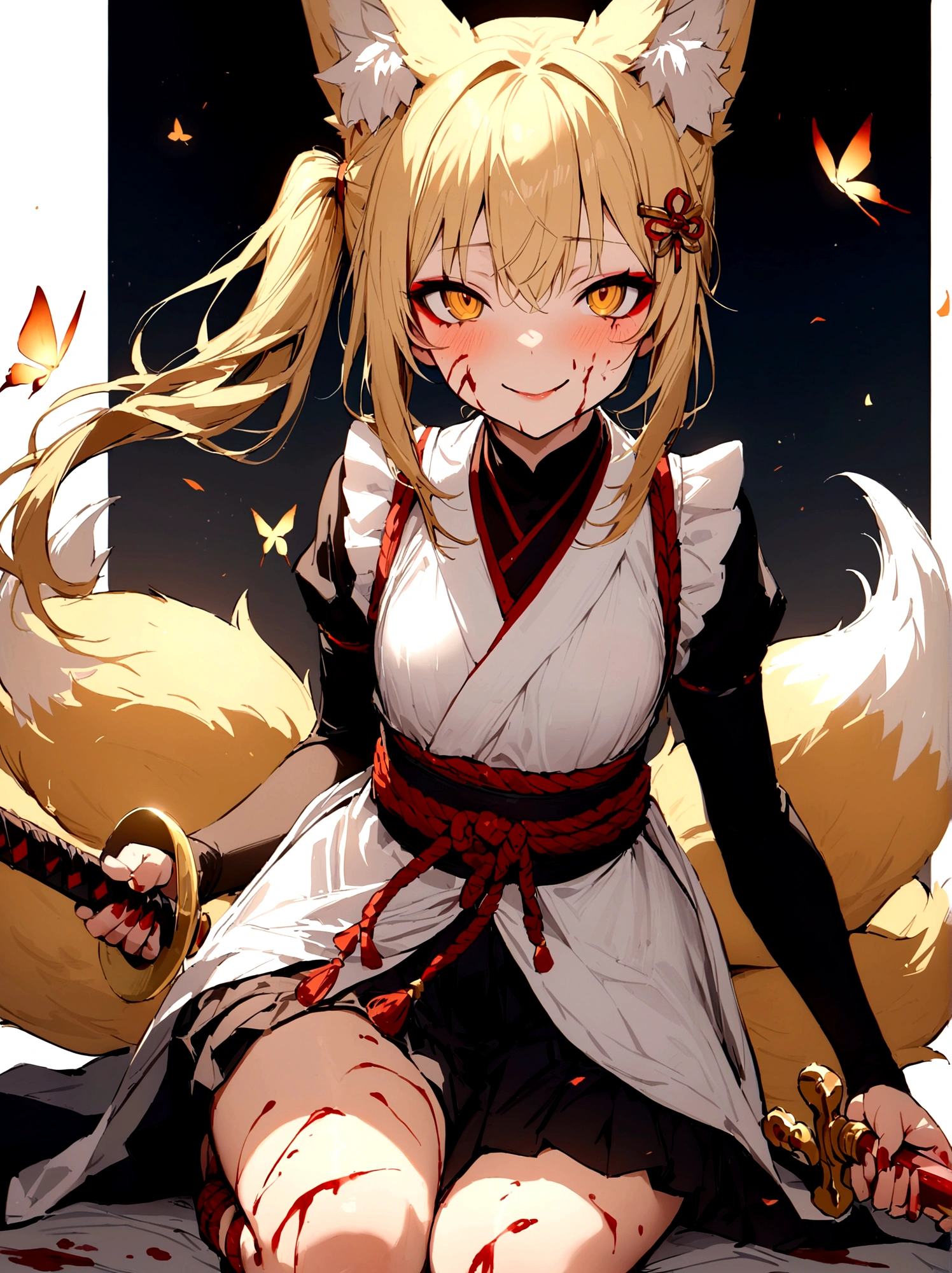 (masterpiece, best quality) junior,1girl,detailed, (beautiful,small breasts), blonde,long hair, side ponytail(tied to the left),Hairpin decoration with gold butterfly, elegant, (fox ears),nine tailed fox tail, red eyeshadow, golden eyes, femur,dark night sky,girl,yandere eyes,bloody face,bloody kimono(White Top),Red skirt,Maiden,Bloody(blood on fullbody),bloody dagger,ninja rope,holding the hilt of a sword,evil smile