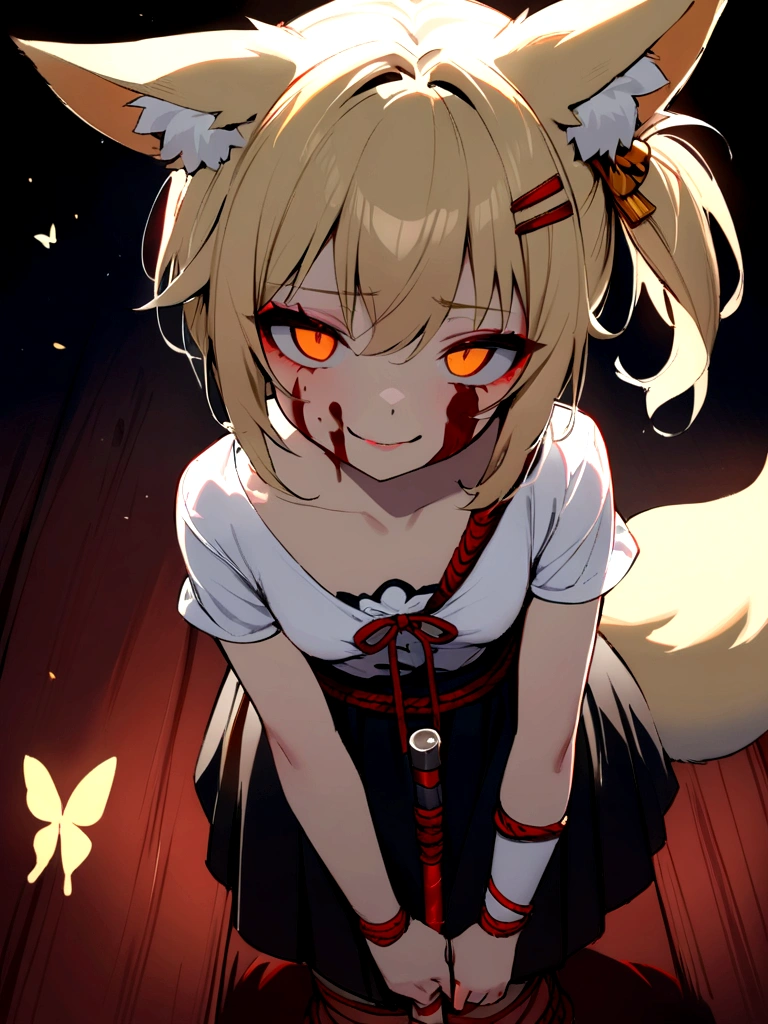 (masterpiece, best quality) junior,1girl,detailed, (beautiful,small breasts), blonde,long hair, side ponytail(tied to the left),Hairpin decoration with gold butterfly, elegant, (fox ears),nine tailed fox tail, red eyeshadow, golden eyes, femur,dark night sky,girl,yandere eyes,bloody face,bloody kimono(White Top),Red skirt,Maiden,Bloody(blood on fullbody),bloody dagger,ninja rope,holding the hilt of a sword,evil smile