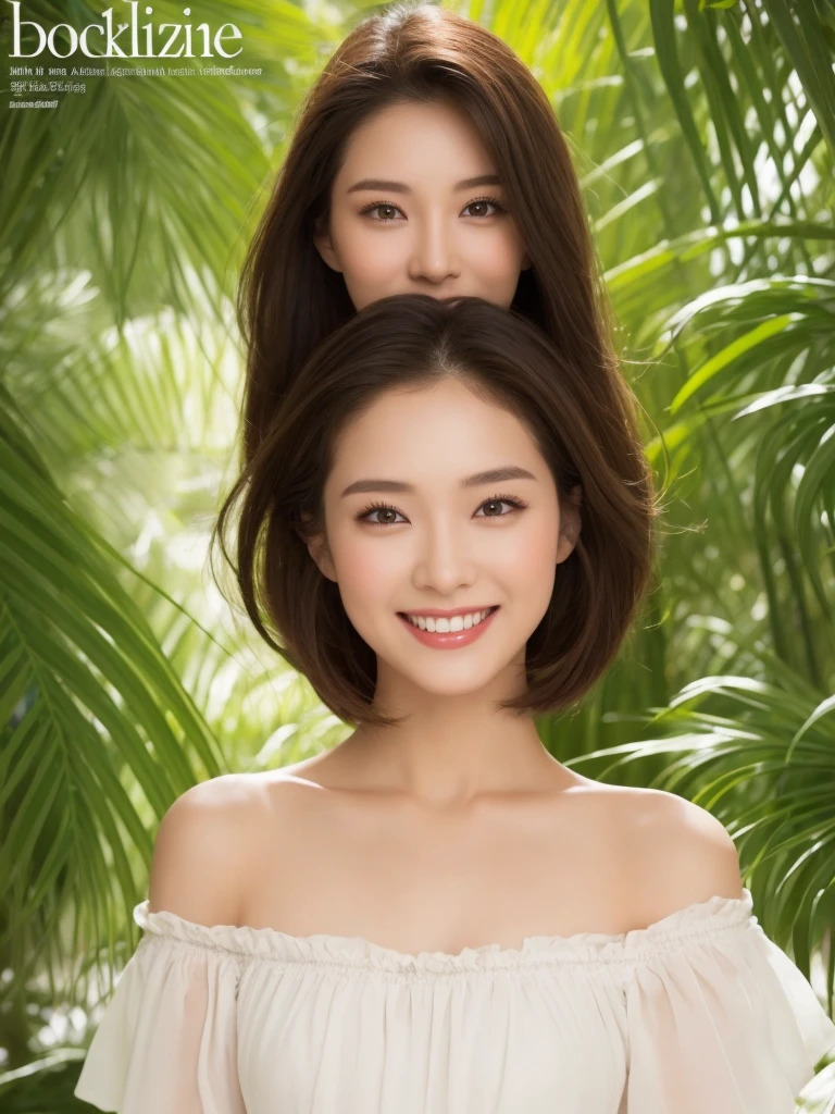 An Asian female model about 23 years old, Wearing fashionable and designer off-shoulders,short sleeve,very short bob,Beautiful and tall nose,Hydrating and compact lips,Have beautiful double eyelids,Fair and delicate skin,Smile,Clear and bright eyes,The picture is three-dimensional,The background is in a bright indoor studio suitable for shooting a popular magazine cover,Simple blurred background,The resolution of facial details is very high,She is beautiful, individual and confident,charming,There is only one woman in the picture,The focus is on presenting exquisite and delicate close-ups of eyes and tails.,Facing the light source,high quality,Super fine