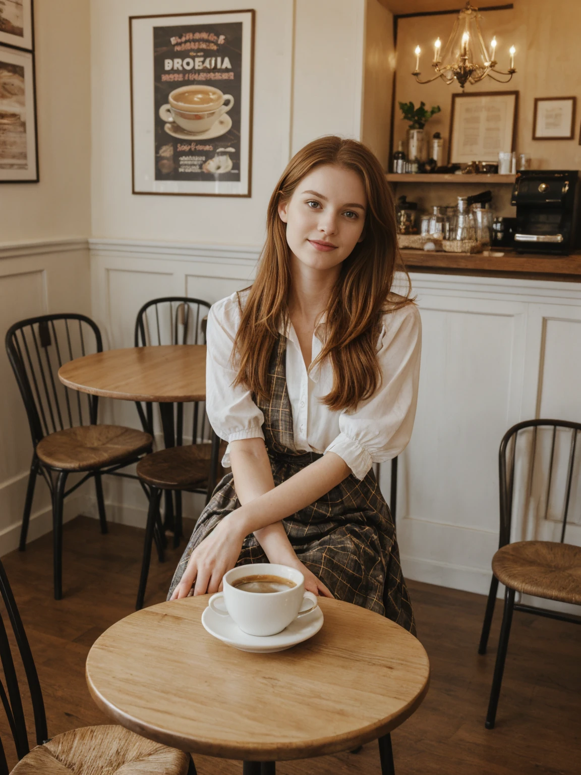 her name is Elle, high quality, 1girl, ((20-year-old fit Caucasian woman)), ((20 years old)), ((fit)), ((pale skin)), long length straight auburn hair , wearingRuched Front Satin Blouse + High-Waisted Asymmetrical Skirt, pose: sitting on a chair, background: Describe the cozy interior of a Parisian café, with its small round tables topped with checkered tablecloths, wrought iron chairs, vintage posters adorning the walls, and the aroma of freshly brewed coffee mingling with the scent of freshly baked croissants.