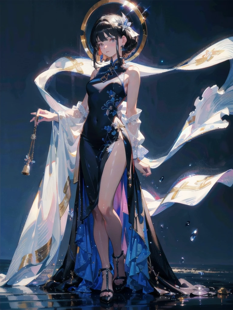 absurdres, RAW photo, extremely delicate and beautiful, masterpiece, Best Quality, ultra high resolution, 32k, hyperrealistic, ultra-detailed, perfect figure, in her 20s, very small head, very small face, delicate facial features, tearful mole, earring, huge breasts, legs, full body shot, medium hair, black hair, cheongsam, sleeveless, deep slit,