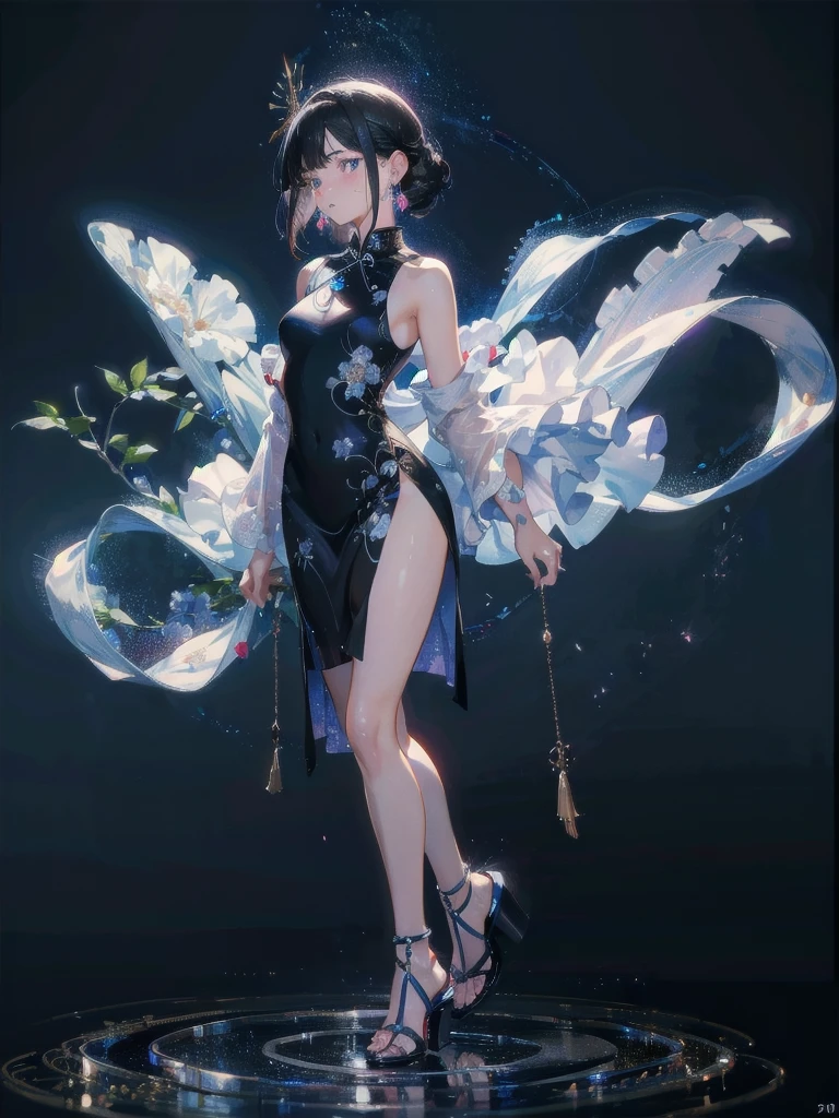 absurdres, RAW photo, extremely delicate and beautiful, masterpiece, Best Quality, ultra high resolution, 32k, hyperrealistic, ultra-detailed, perfect figure, in her 20s, very small head, very small face, delicate facial features, tearful mole, earring, huge breasts, legs, full body shot, medium hair, black hair, cheongsam, sleeveless, deep slit,