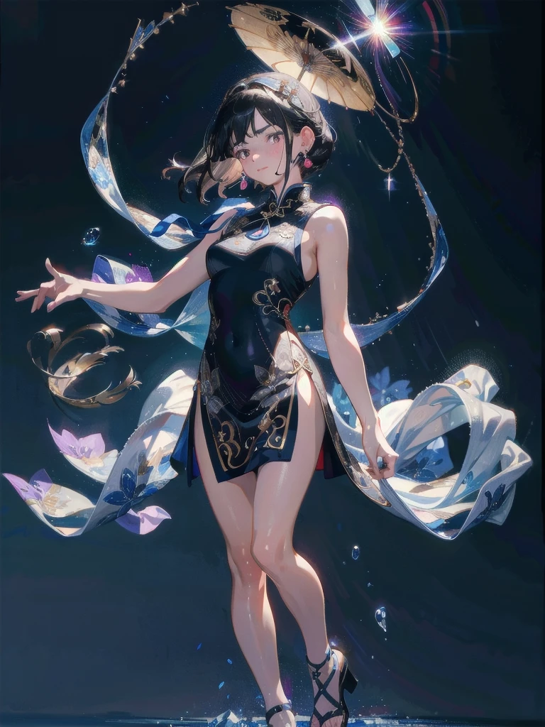 absurdres, RAW photo, extremely delicate and beautiful, masterpiece, Best Quality, ultra high resolution, 32k, hyperrealistic, ultra-detailed, perfect figure, in her 20s, very small head, very small face, delicate facial features, tearful mole, earring, huge breasts, legs, full body shot, medium hair, black hair, cheongsam, sleeveless, deep slit,