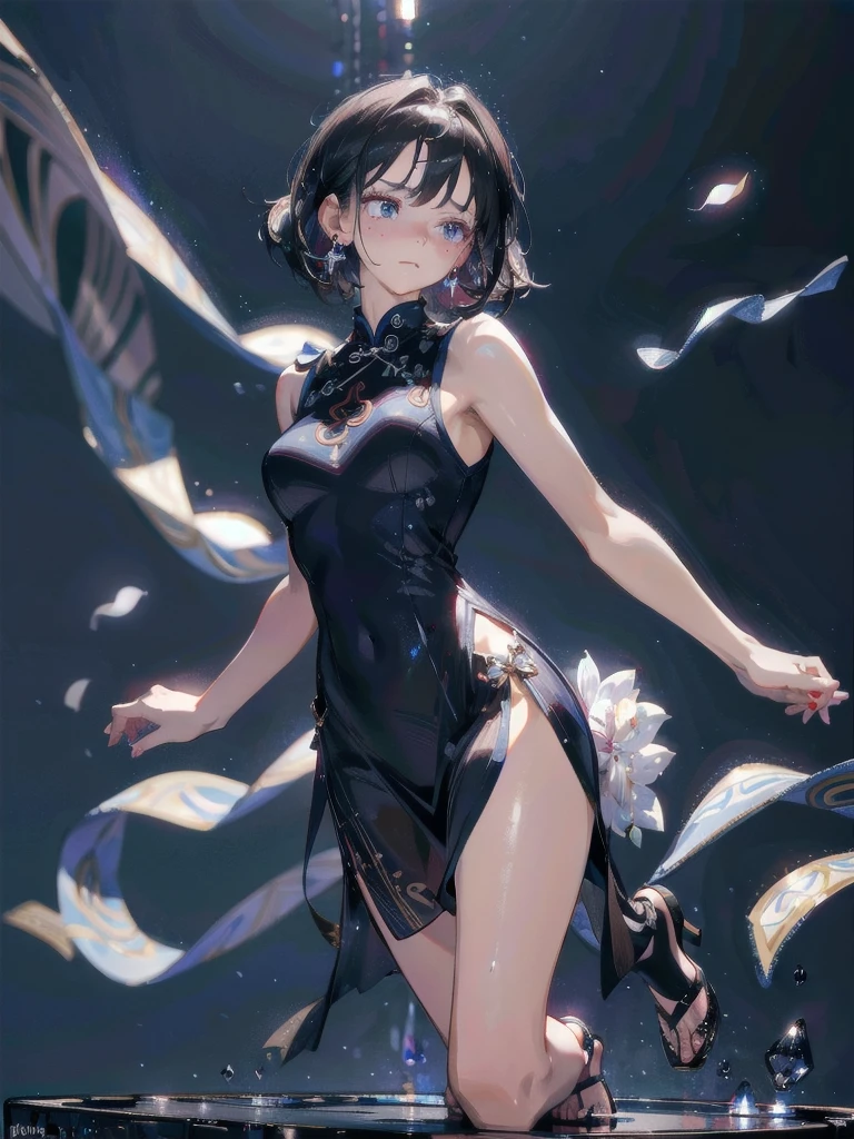 absurdres, RAW photo, extremely delicate and beautiful, masterpiece, Best Quality, ultra high resolution, 32k, hyperrealistic, ultra-detailed, perfect figure, in her 20s, very small head, very small face, delicate facial features, tearful mole, earring, huge breasts, legs, full body shot, medium hair, black hair, cheongsam, sleeveless, deep slit,