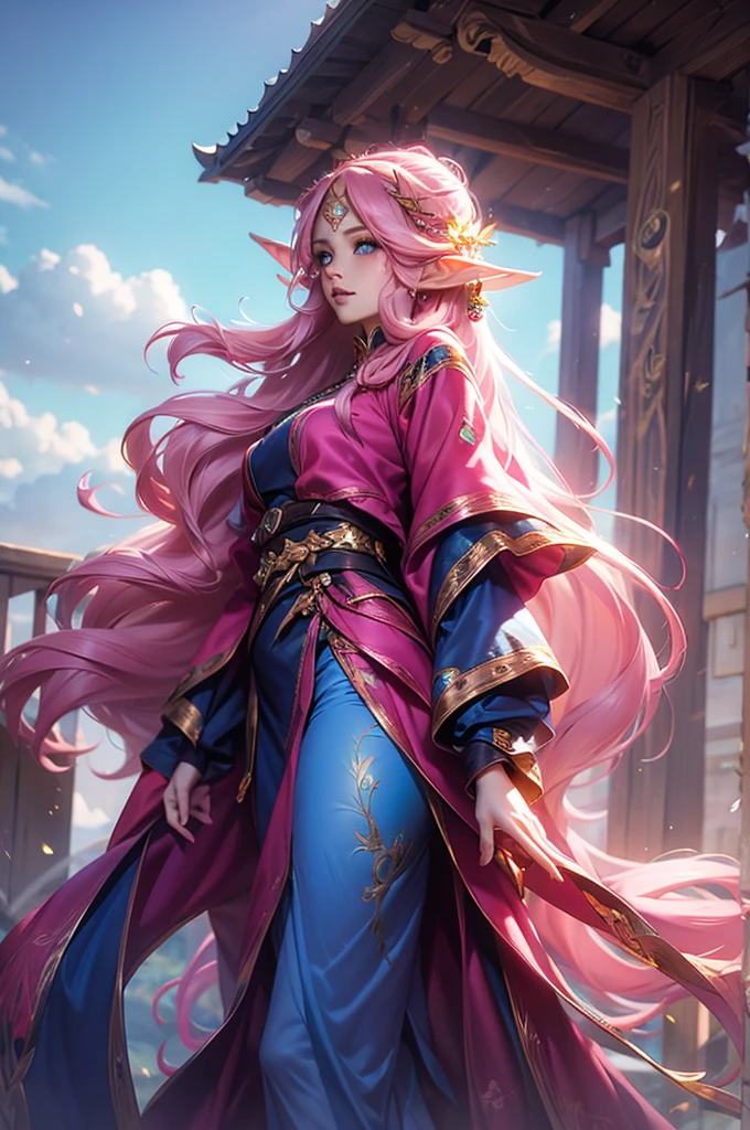 Woman, long wavy hair, pink hair, blue eyes, elf