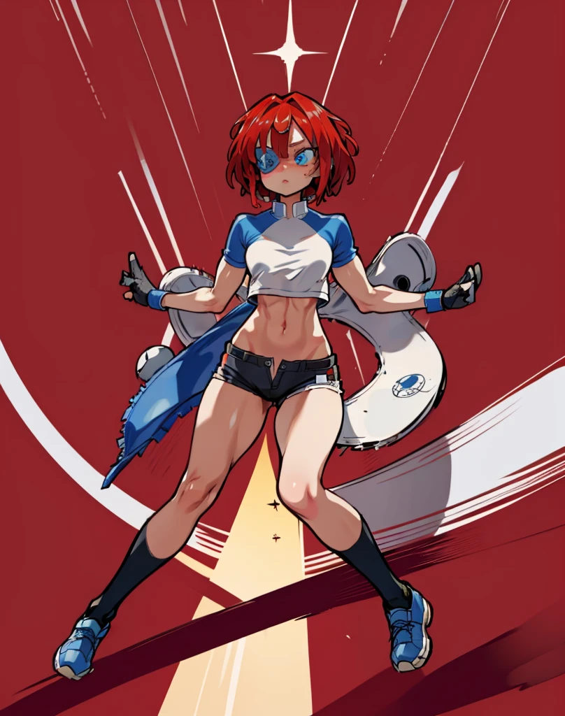 ((full bodyesbian)), (Simple background), 1woman, ((High resolution)), (simple background), (white backgrounid:1.3), Ragatha's appearance resembles that of a living ragdoll with stitching on its body, with red, yarn-like hair, a flat, slightly older woman, reddish-orange triangular nose, and one blue button eye, is wearing boxing gloves black and body muscular, (((blue eye patch))), she wears black sports bra and shorts, the biceps on her arms are flexed, her lips are slightly parted, showing a hint of determination and resiliencia, wearing boxing gloves black, flexing her biceps, stands in a challenging pose, hands on hips, with a full-body representation.