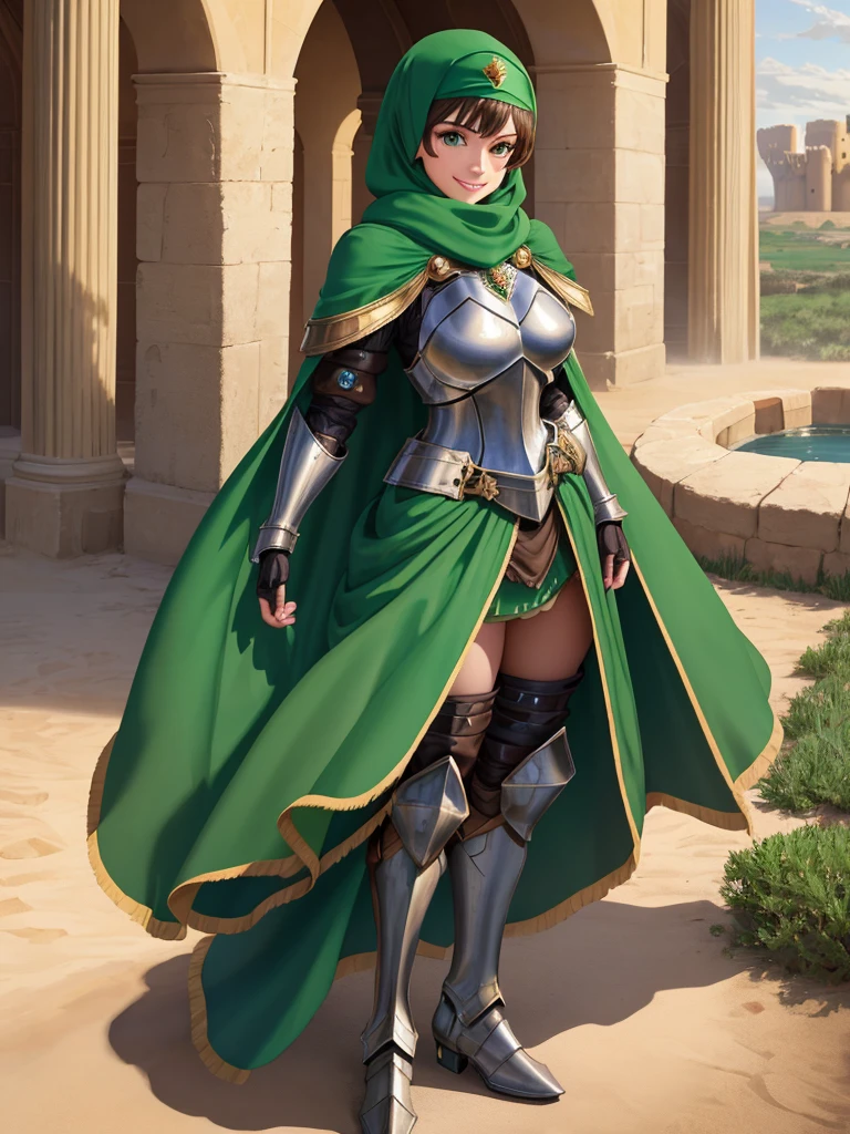 masterpiece, best quality:1.2), 1girl, smile, looking at viewer, green eyes, short brown hair, princess, armor, blue hijab headscarf, pauldrons, armored dress, green cloak cape, wearing puffy blue ballgown skirt, armored boots, fingerless gloves, standing in front of desert castle