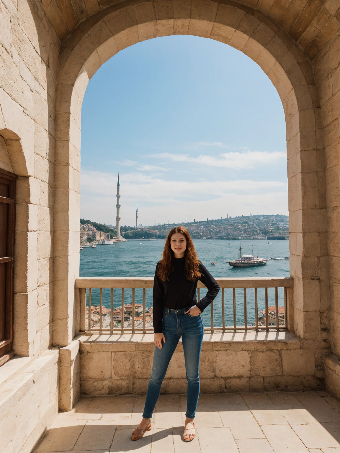 her name is Annie, high quality, 1girl, ((20-year-old fit Caucasian woman)), ((20 years old)), ((fit)) auburn long hair, pose: standing, wearing colored unique g gen Z modern wear, BACKGROUND: Lived between Europe and Asia in Istanbul, with its ancient mosques, bustling bazaars, and breathtaking views of the Bosphorus.