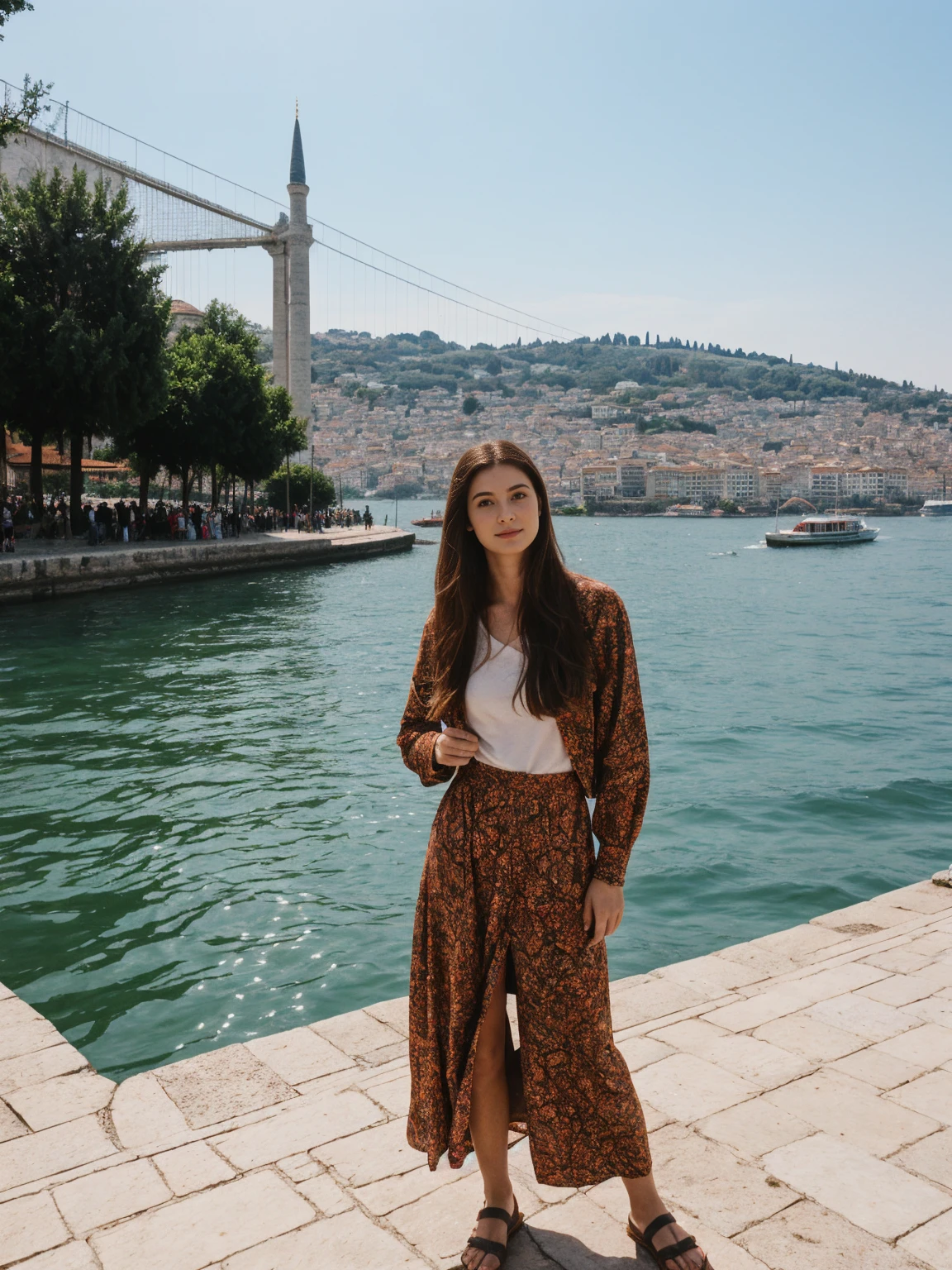 her name is Annie, high quality, 1girl, ((20-year-old fit Caucasian woman)), ((20 years old)), ((fit))  auburn long hair, pose: standing, wearing colored unique g gen Z modern wear, BACKGROUND: Lived between Europe and Asia in Istanbul, with its ancient mosques, bustling bazaars, and breathtaking views of the Bosphorus.