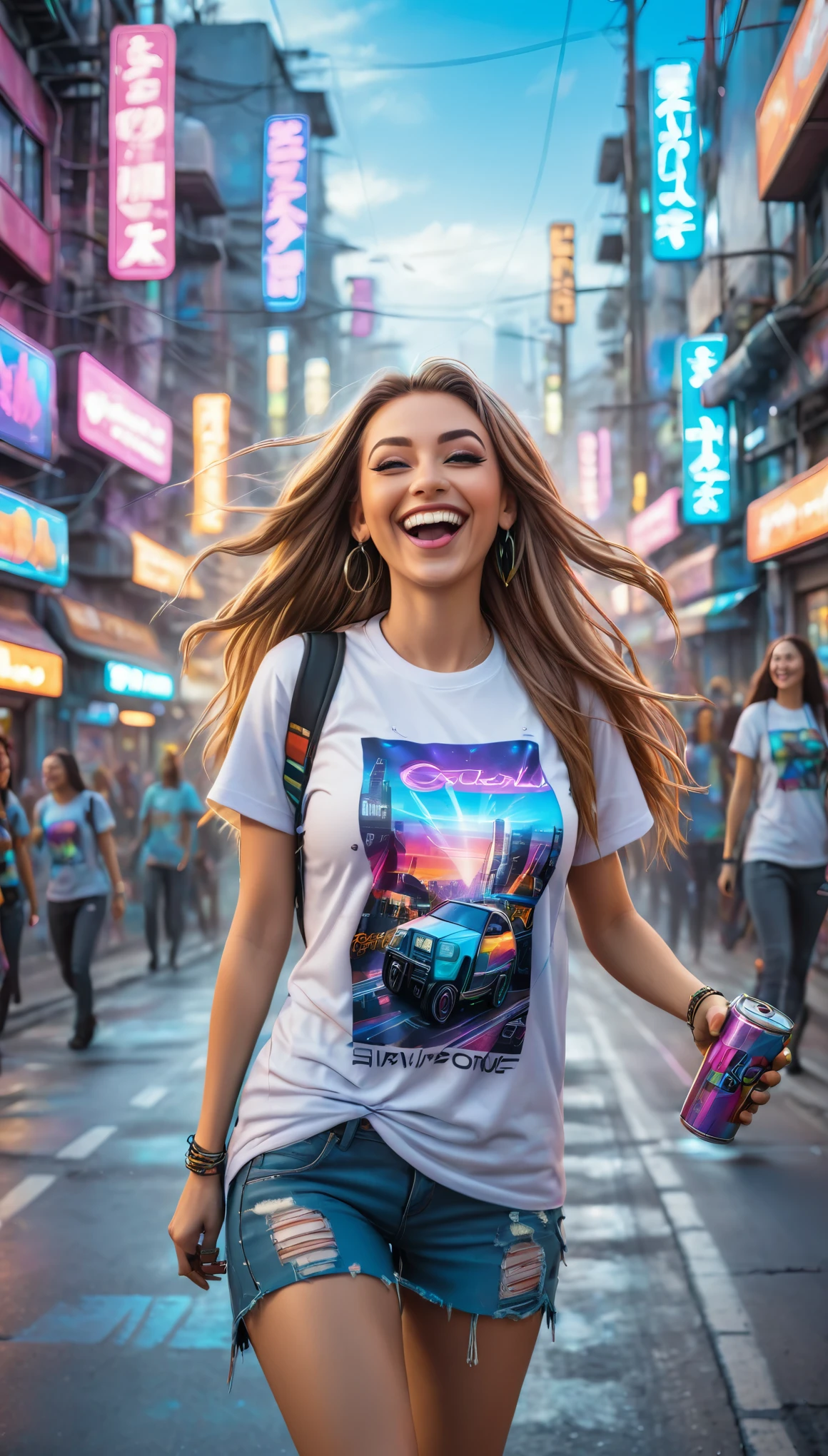 long straight haired adult women dressed in urban clothes t-shirts, In an urban landscape and holographic signs, HAPPY on the road. are drinking and laughing, The background is modern and cyberpunk, high tech vibe. Lovely Digital Painting, 3D rendering, Bright lighting, swirly vibrant colors. adult people, pessoas bonitas, different faces.