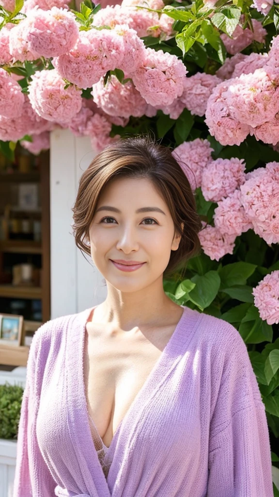 to be born, Highest quality, High resolution, (masterpiece: 1.3), Body Shot, かわいいJapanese女性, masterpiece, Bent body, Big Breasts, Cute face, White skin, Fair skin, Cute eyes, Elegant smile, light makeup, stand in front of a flower shop, Feminine gestures, Elegant expression, Viewers facing each other, Focus on your audience, Wearing a white dress, Pretty dress, Wearing a lilac cardigan, Perfect cardigan, かわいいBeautiful pastel colors, Beautiful pastel colors, at noon, Great lighting, Great sunlight, Bright colors, Ultra-realistic clean lines, Very realistic、Japanese、45 years old、A radiant smile、E cup breasts、Hide your fingers、Accentuate your breasts、Cleavage、Disheveled clothing