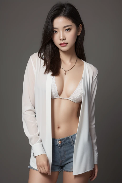 asian woman (Covered with a white open shirt ,good), necklace, small breast, rounded chest, ((you)), ((Middle of the picture, full body, Slender waist)), Do your hair、 glowing eyes, nose blush, Karl Larsson, Alphonse Mucha, chiaroscuro, Film Glenn, reflective light, (((Long shot))), knee to top,show ((())), Masterpiece, Highly detailed, ((gray background, studio lights )) Touch strap 