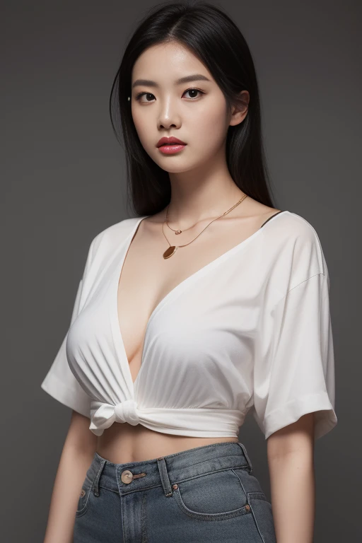 asian woman (Covered with a white open shirt ,good), necklace, small breast, rounded chest, ((you)), ((Middle of the picture, full body, Slender waist)), Do your hair、 glowing eyes, nose blush, Karl Larsson, Alphonse Mucha, chiaroscuro, Film Glenn, reflective light, (((Long shot))), knee to top,show ((())), Masterpiece, Highly detailed, ((gray background, studio lights )) Touch strap