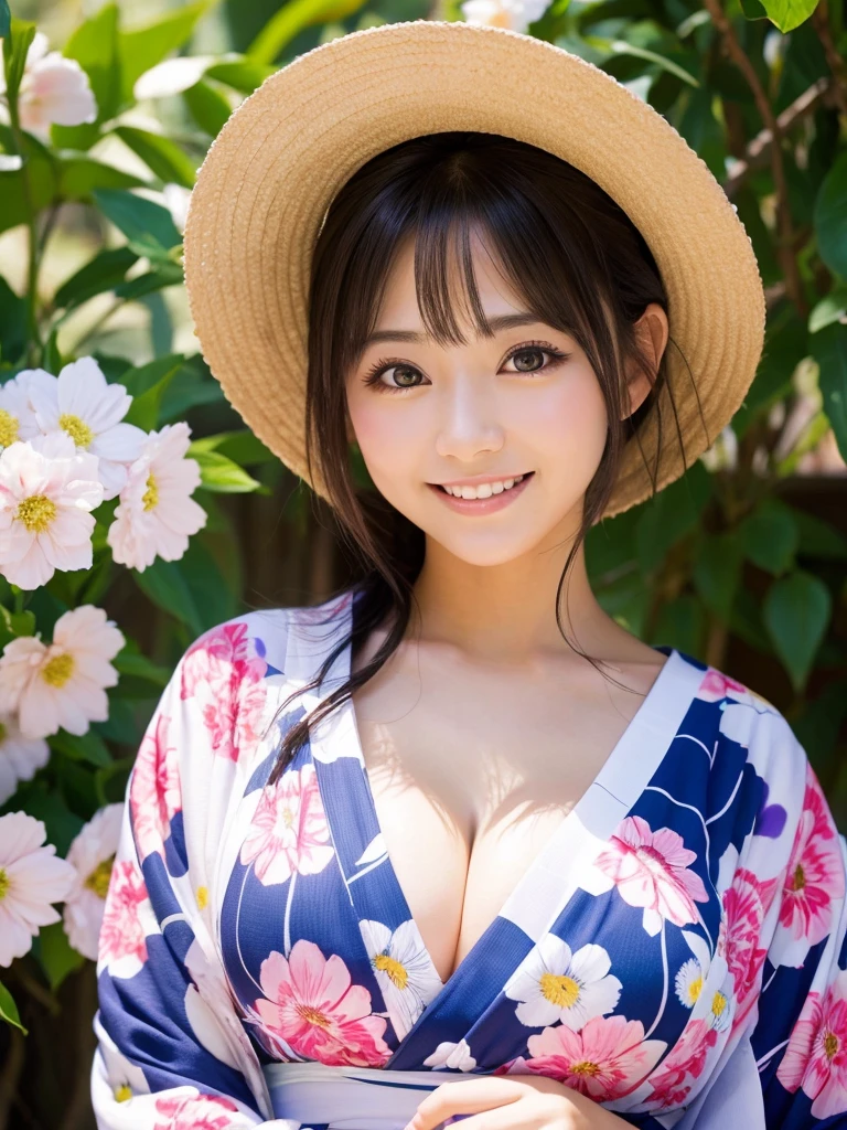 Ultra-high resolution、Japanese beauty、Big eyes、cute、Beauty、The breasts are very large、yukata、flowers in background、sunny、smile