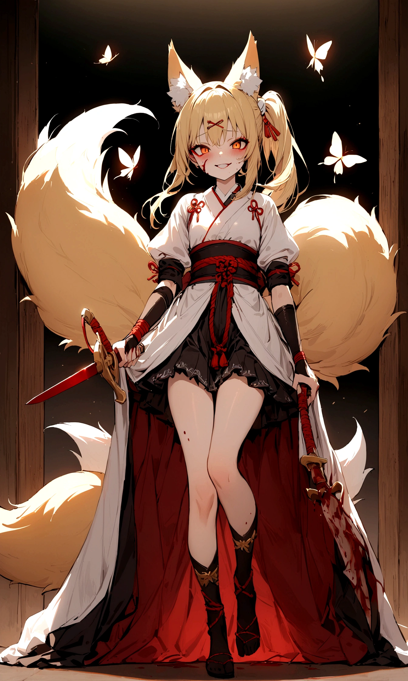 (masterpiece, best quality) junior,detailed, (beautiful,small breasts), blonde,long hair, side ponytail(tied to the left),Hairpin decoration with gold butterfly, elegant, (fox ears),nine tailed fox tail, red eyeshadow, golden eyes, femur，dark night sky,Alley background,girl,yandere eyes,bloody face,bloody clothes,Bloody(blood on fullbody),holding a sword hilt,bloody dagger(Sotaedo),evil smile