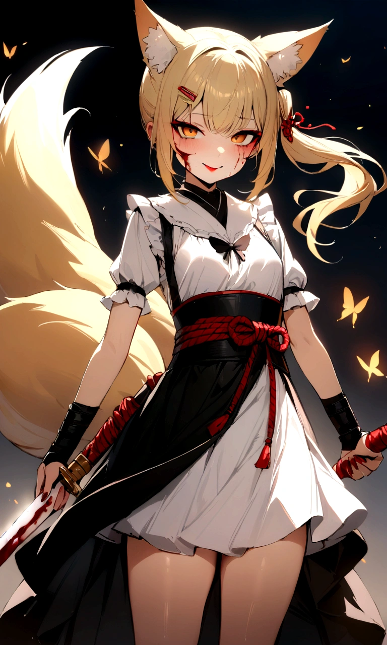 (masterpiece, best quality) junior,1girl,detailed, (beautiful,small breasts), blonde,long hair, side ponytail(tied to the left),Hairpin decoration with gold butterfly, elegant, (fox ears),nine tailed fox tail, red eyeshadow, golden eyes, femur,dark night sky,girl,yandere eyes,bloody face,bloody kimono(White Top),Red skirt,Maiden,Bloody(blood on fullbody),bloody dagger,ninja rope,holding the hilt of a sword,evil smile
