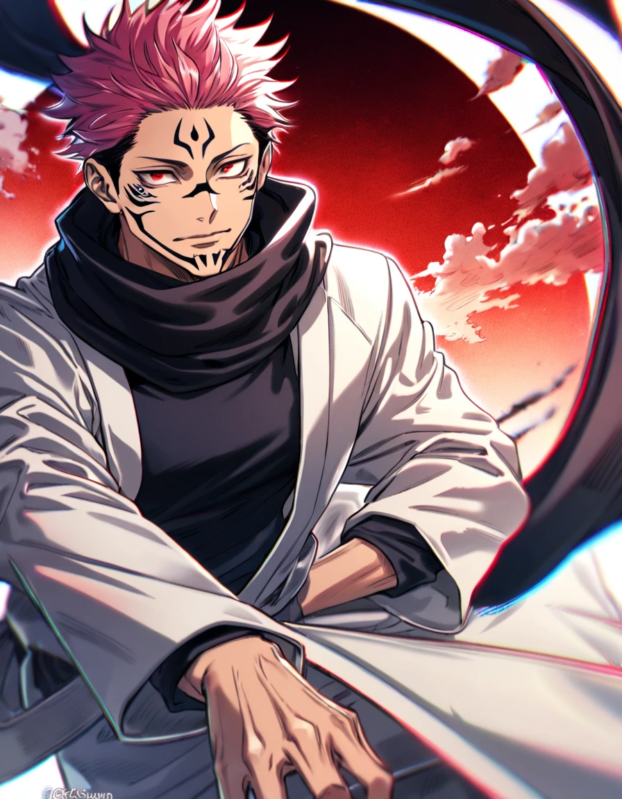Ultra detailed, Highres, absurdres, HDR, Ryomen Sukuna, pink hair, red eyes, black scarf, white long coat, black tight shirt, Jujutsu Kaisen,