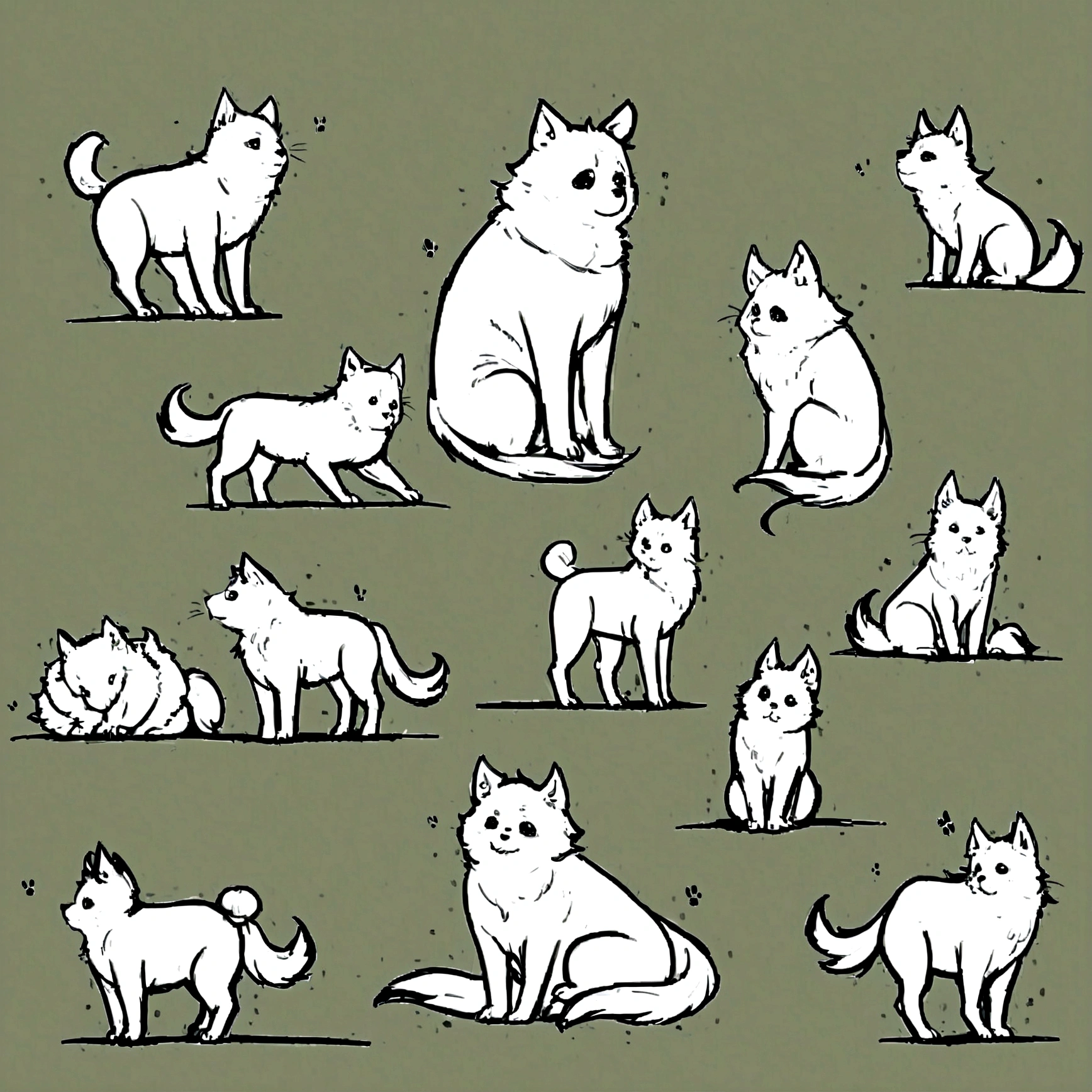yeh, black andwhite, for drawing, thin-lines, feral, estilo fluffly, fully body, profile body, 4-legged, fluffly, average size, Puppy, 20 models on one paper, different from each other with several different landings, separated from each other in an invisible grid