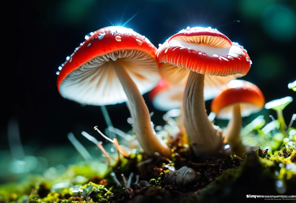 slimy translucent (slug crawling on top) of red and white mushroom, cinematic lighting, insane details, hyperrealistic extreme closeup macro photography, 64 megapixel DSLR