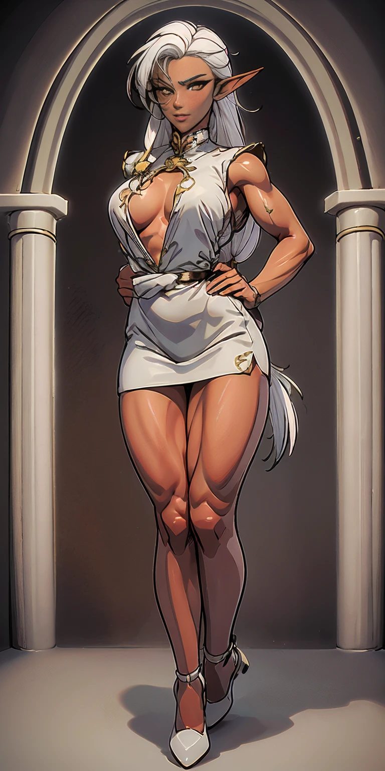 (masterpiece, best quality), intricate details, 1girl, Bridesmaid Muscular full body woman White hair White braid Motherly body smile Porcelain skin Red heels with feet together Long hair Hands on waist Navel Strong abs Direct look Perfect lighting Masterpiece High quality (good hands, best hands) Pirotess (Record of Lodoss War) bondage pole