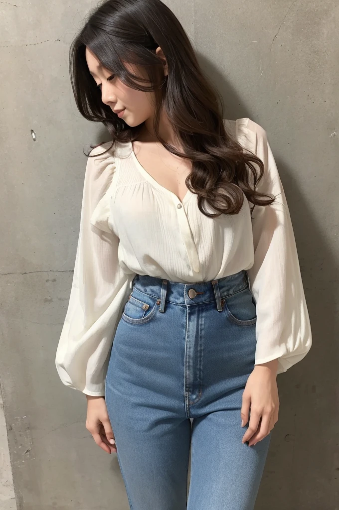 Japanese woman, 30s, long hair, loose perm, wavy, jeans, white blouse, B86, W60, H88, fair skin, beautiful woman, full body