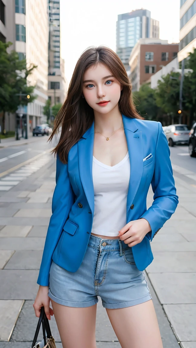 Gorgeus Girl, beautiful, Young face, 20 years old, white skin, side, sexy pose, suitable for business, blue eyes, muscle, Bokeh, modern place background, Masterpiece, full body shot, fashion suit jacket