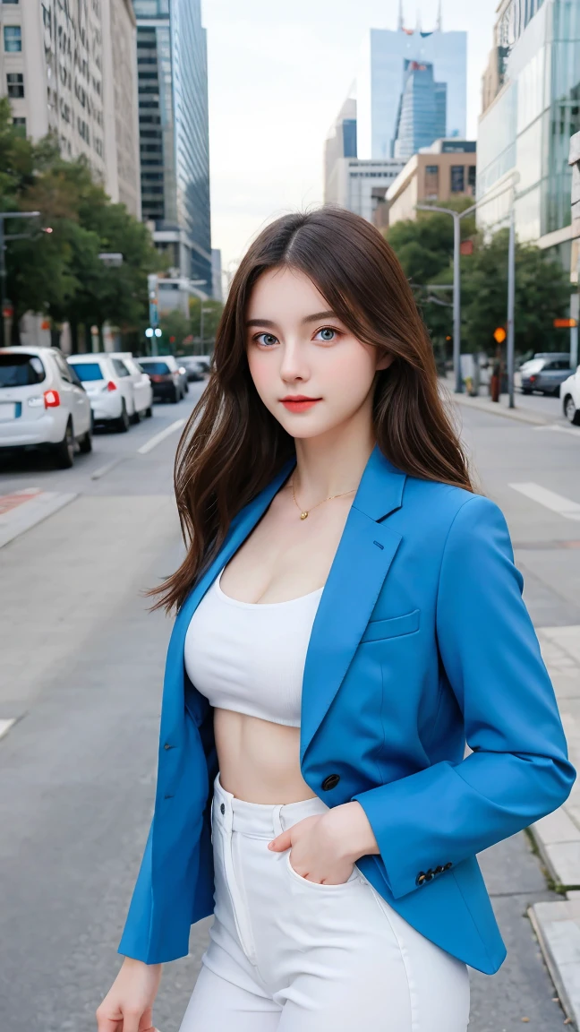Gorgeus Girl, beautiful, Young face, 20 years old, white skin, side, sexy pose, suitable for business, blue eyes, muscle, Bokeh, modern place background, Masterpiece, full body shot, fashion suit jacket