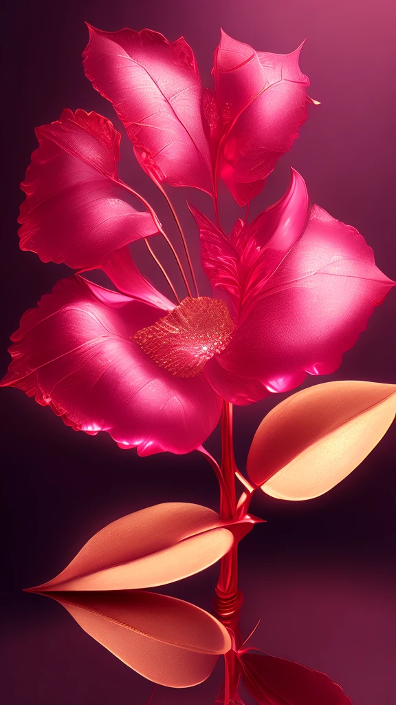 masterpiece , Highest quality , (Pink Flower:1.1) , (Intricate details:1.2) , Super detailed , Realistic , Cinematic , Dynamic Light , Soft golden light , (Glowing illumination through reflection and refraction:1.2) , Diamond Reflection Effect ,  (Burning red leaves:1.3)