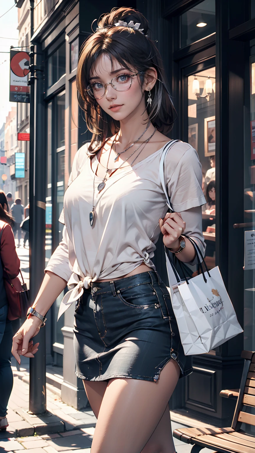 Very detailed, high quality, masterpiece, 1 female, Walking down the street, shopping bags in both hands, Happy expression, Brown Hair, Tied up in a messy bun, (Casual wear: 1.1), White T-shirt, Short skirt, High heels, light makeup, (Silver Necklace: 1.2), Sunglasses on head, Holding flowers, People in the background々and storefront, Outdoor, sunny day.mature female body、Sexy proportions、Long eyelashes、Accessories on your wrist、