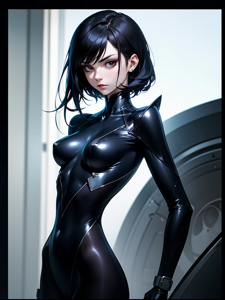 ((Portrait Photo)), She has an Indifferent, Black-Haired Appearance, with a Slim, Graceful Build. She Expresses a Cold and Detached Look, Giving Off an Unapproachable and Mysterious Attitude. She has Pale Skin and Deep, Dark Eyes, Her Hair is Long, Straight, and Jet Black. She Wears a High-Leg Bodysuit, Accentuating Her Elegant Presence. ((Portrait Photo, HDR, Dark Background))