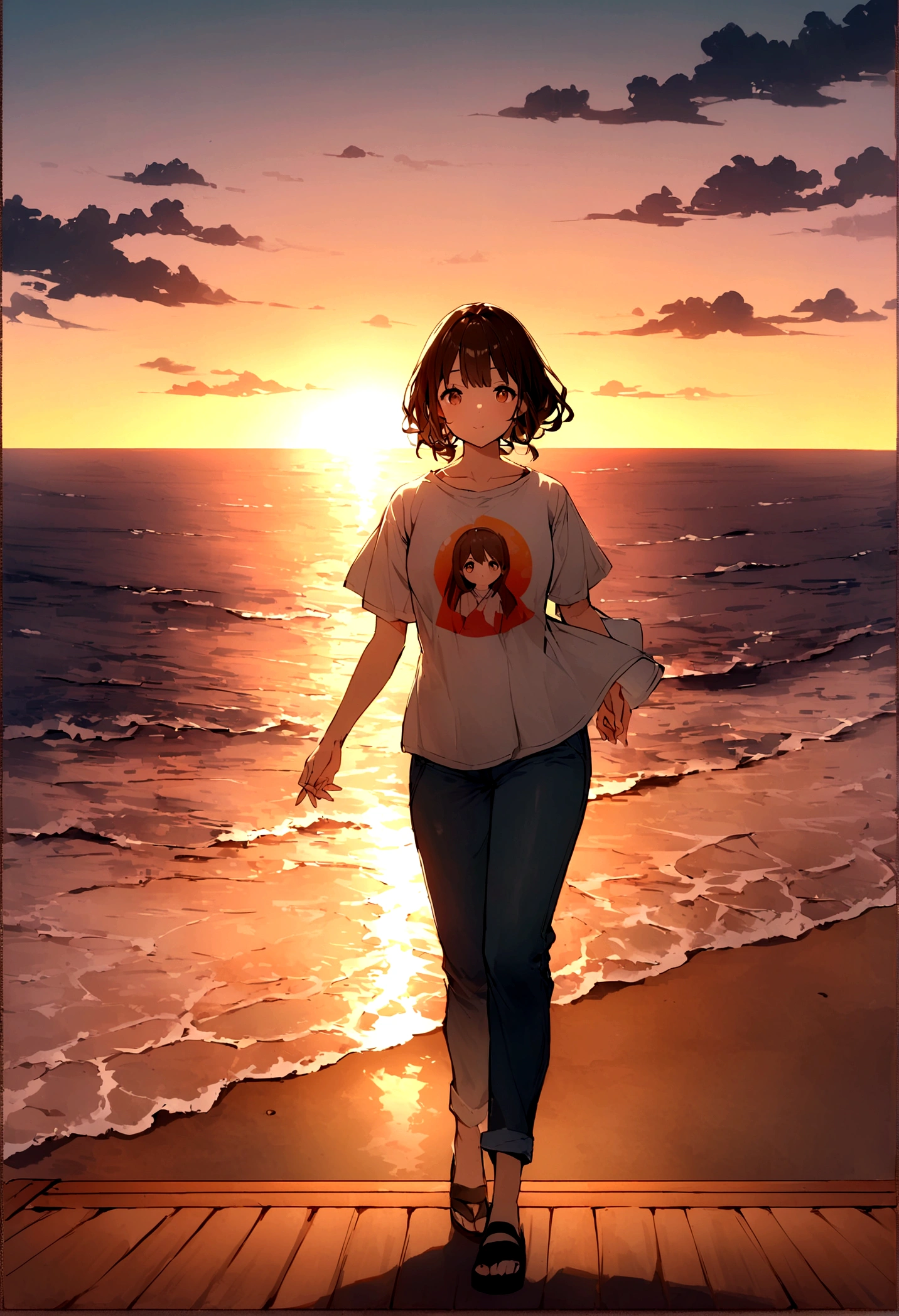 Produce the highest quality and highest resolution 8K images。Draw a 20-year-old Japan woman。Please draw a picture of a person walking along a seaside promenade at sunset.。She has brown eyes and a model figure.、She has an idol-level cute face.。The hair is wavy。What to wear、Short sleeve T-shirt and pants。Skin has a healthy color。