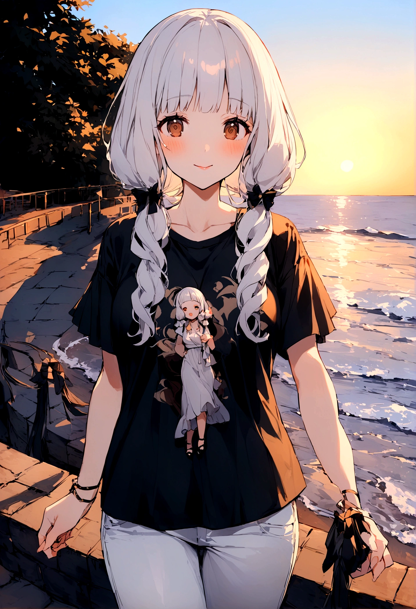 Produce the highest quality and highest resolution 8K images。Draw a 20-year-old Japan woman。Please draw a picture of a person walking along a seaside promenade at sunset.。She has brown eyes and a model figure.、She has an idol-level cute face.。The hair is wavy。What to wear、Short sleeve T-shirt and pants。Skin has a healthy color。