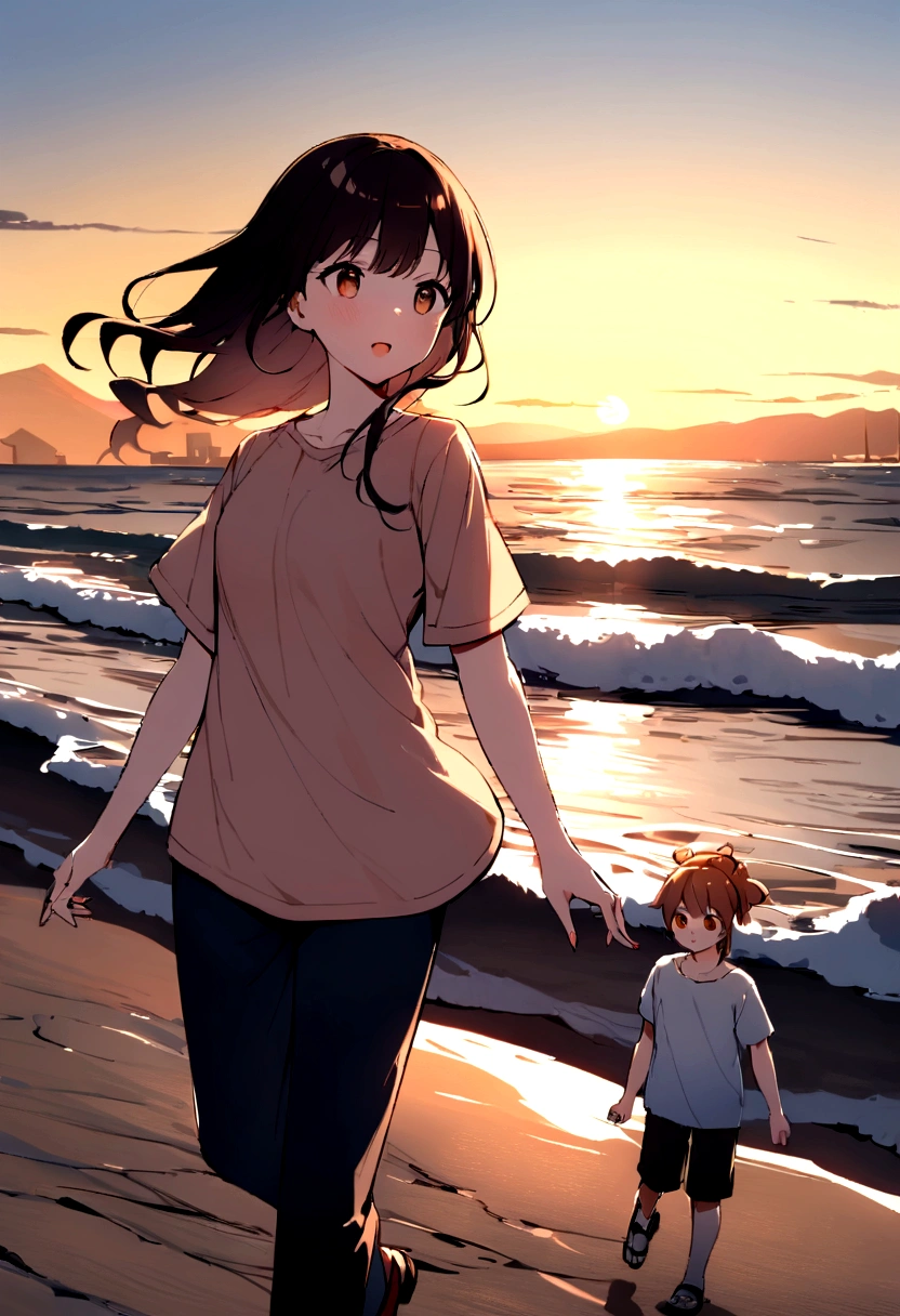 Produce the highest quality and highest resolution 8K images。Draw a 20-year-old Japan woman。Please draw a picture of a person walking along a seaside promenade at sunset.。She has brown eyes and a model figure.、She has an idol-level cute face.。The hair is wavy。What to wear、Short sleeve T-shirt and pants。Skin has a healthy color。