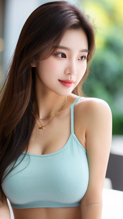 Close-up photo of a beautiful Korean woman, Bust size 34 inches, Wear a tank top, necklace, in the coffee shop, bokeh background, UHD