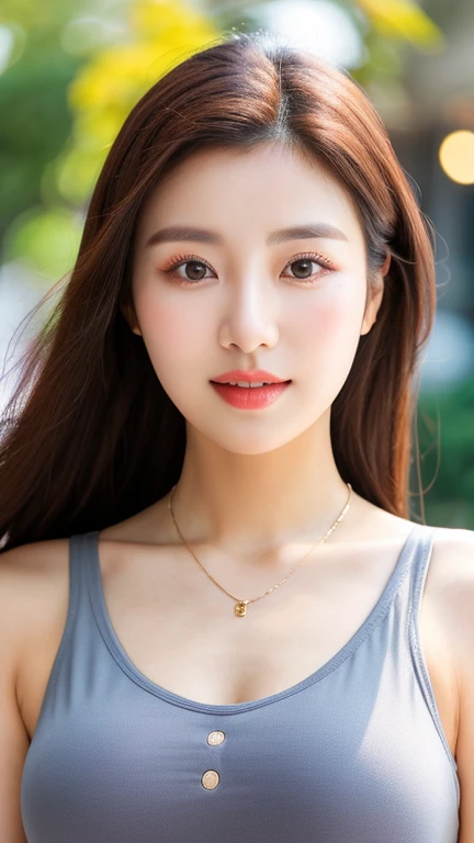 Close-up photo of a beautiful Korean woman, Bust size 34 inches, Wear a tank top, necklace, in the coffee shop, bokeh background, UHD