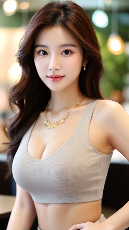 Close-up photo of a beautiful Korean woman, Bust size 34 inches, Wear a tank top, necklace, in the coffee shop, bokeh background, UHD