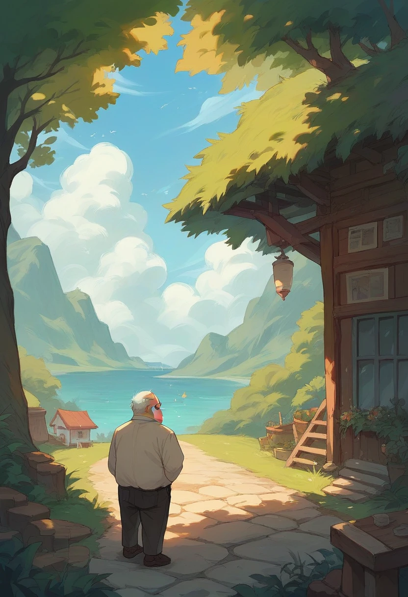 Cat ears, old man, cute, fat, beard, idyllic scenery, illustration