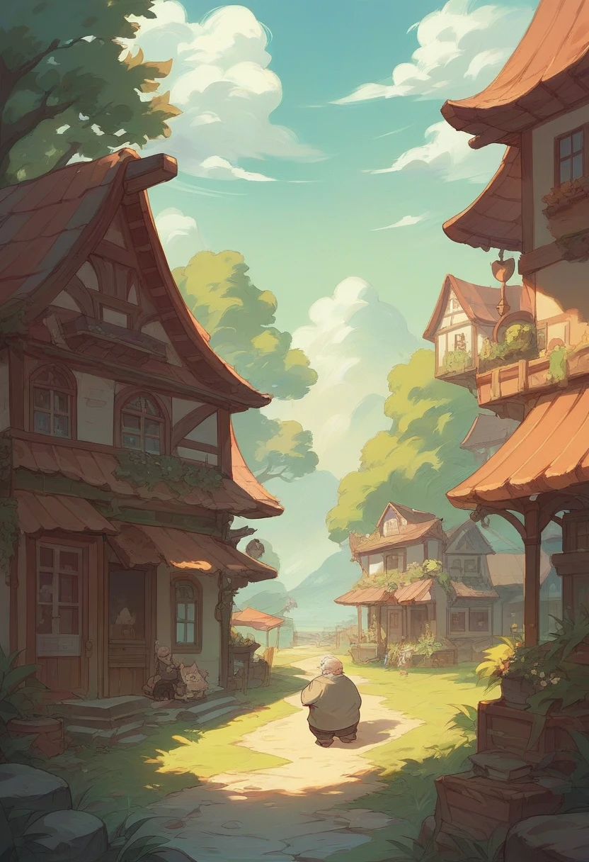 Cat ears, old man, cute, fat, beard, idyllic scenery, illustration