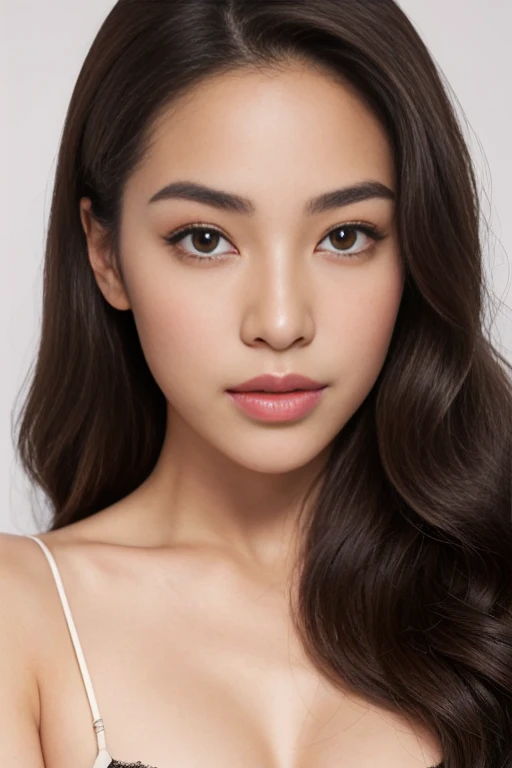 Create a (( mid-shot )) photorealistic image of a beautiful Asian woman with fair, smooth, flawless skin. She has large, round, sparkling eyes with naturally long and curled eyelashes, and well-defined, dark eyebrows. Her nose is straight and high, and her naturally pink, soft lips form a gentle smile. She has short, slightly curled brown hair that highlights her delicate facial features. Her face is oval-shaped, with a wide and high forehead, moderately high cheekbones, and a pointed, slender chin. She is wearing a white lingerie that complements her elegant and feminine appearance. (( waist to top))