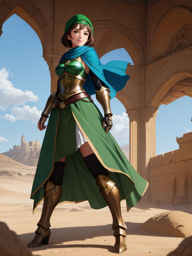 masterpiece, best quality:1.2), 1girl, smile, looking at viewer, green eyes, short brown hair, princess, armor, blue hijab headscarf, pauldrons, armored dress, green cloak cape, wearing puffy blue ballgown skirt, armored boots, fingerless gloves, standing in front of desert castle