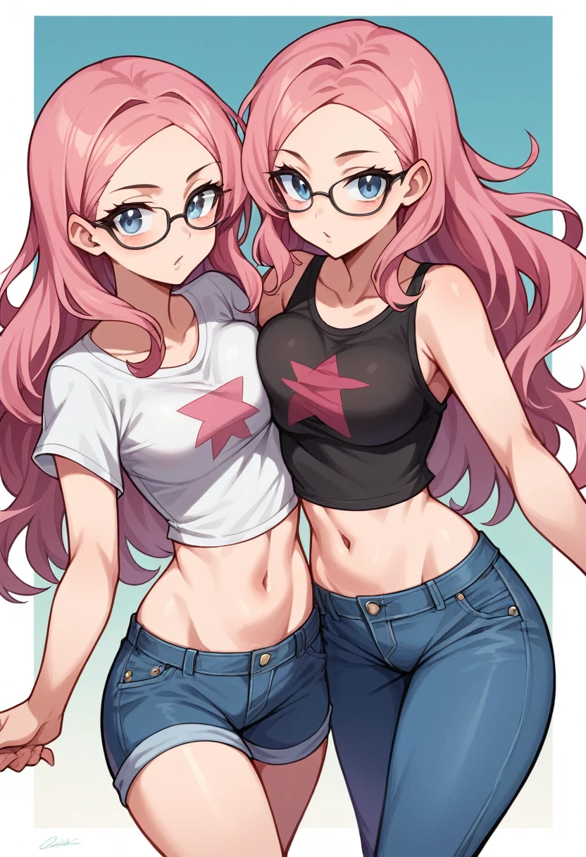 (masterpiece),best quality:1.5, ultra-detailed, high resolution, high quality, 16K, ((2heads:1.5)), ((brown hair)), ((pink hair)), blue eyes, (two headed girl), (different hair colors), long hair, black shirt, blue jean pants, (1girl), conjoined twins, midriff-revealing shirt, sexy silhouette, glasses