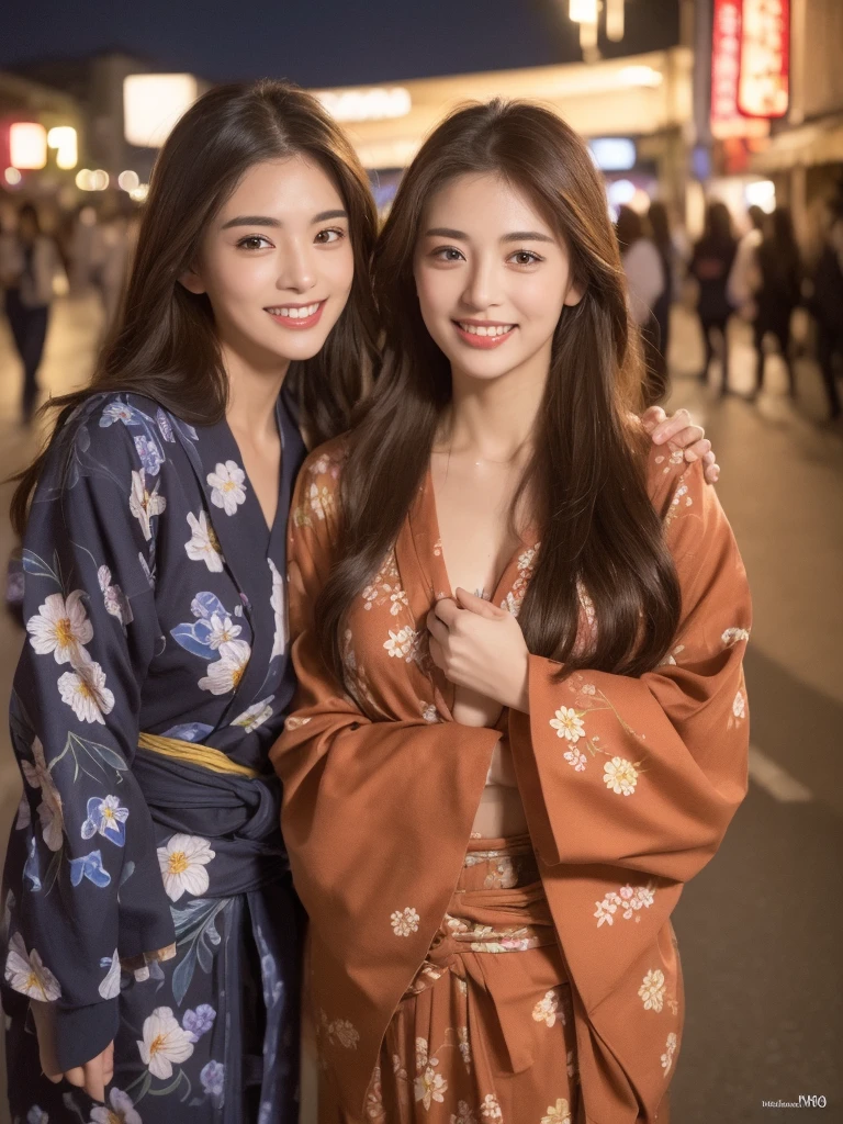 ((Highest quality、8K、masterpiece:1.3))、Selfie、Beautiful woman with perfect figure:1.4、(Brown long hair、Normal chest:1.3)、(Japan floral yukata)、Highly detailed face and skin texture、Detailed eyes、double eyelid、Laughter:1.5、Esbian all over、sacrifice、On the street、night