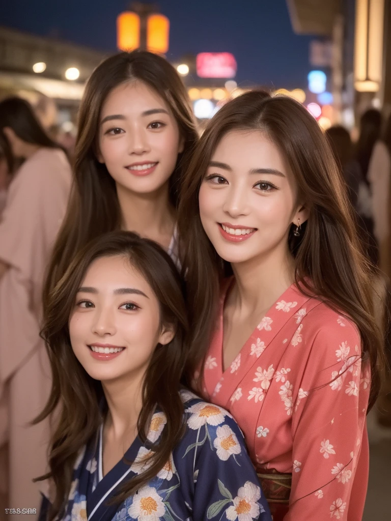 ((Highest quality、8K、masterpiece:1.3))、Selfie、Beautiful woman with perfect figure:1.4、(Brown long hair、Normal chest:1.3)、(Japan floral yukata)、Highly detailed face and skin texture、Detailed eyes、double eyelid、Laughter:1.5、Esbian all over、sacrifice、On the street、night