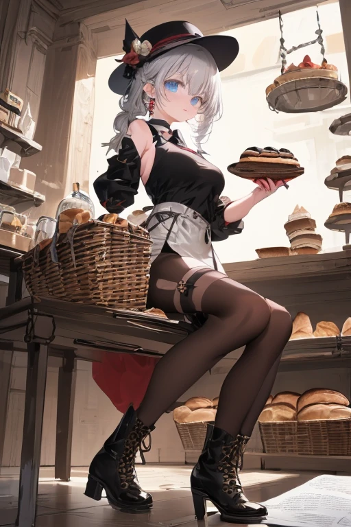 (perky chest:1.2), (pointed chest:1.2),(icecream magazine cover:1.3),(from below:1.2),(shoot from the side:1.1),(((Black Tunic:1.3))),(((cakes and bread in the basket),a 23yo Cute and beautiful girl,masterpiece、highest quality、Very detailed、Beautiful fine details、Detailed landscape、Braided Ponytail、Red camisole、((B cup breasts, Tank top showing underboob:1.0)), thigh strap, bangs, necktie, earrings, nail polish, fishnet pantyhose, silver hair, looking at viewer, full body, bottle, own hands together, belt, food, ring, choker, english text paper:1.2, collared shirt, blue eyes, hat,lace-up boots , 