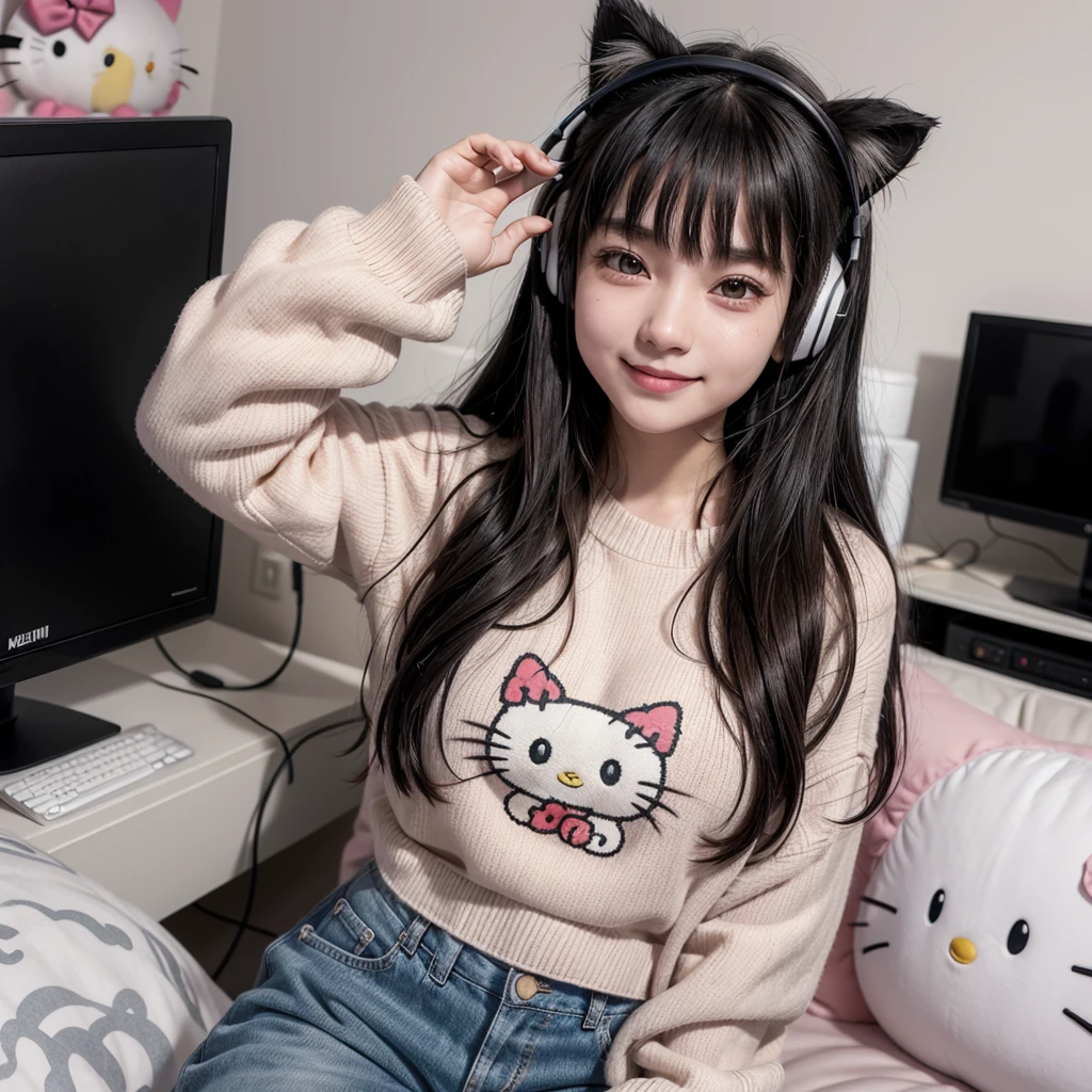 ((best qualityer)), ((work of art)), (detailded), ((1 girl)), 18-years old,ombro to ombro sweater, sweet with white skin, black eyes, wavy black hair with bangs, casual style clothes, anime print blouse, wearing cat ear headphones,background a pink gamer room, ((no people in the background)), looking straight ahead,realisitic,Smiling for the camera,waving,in the background on the right side your bed with stuffed animals on top,Kuromi and Hello Kitty plush,on the left side a gaming computer