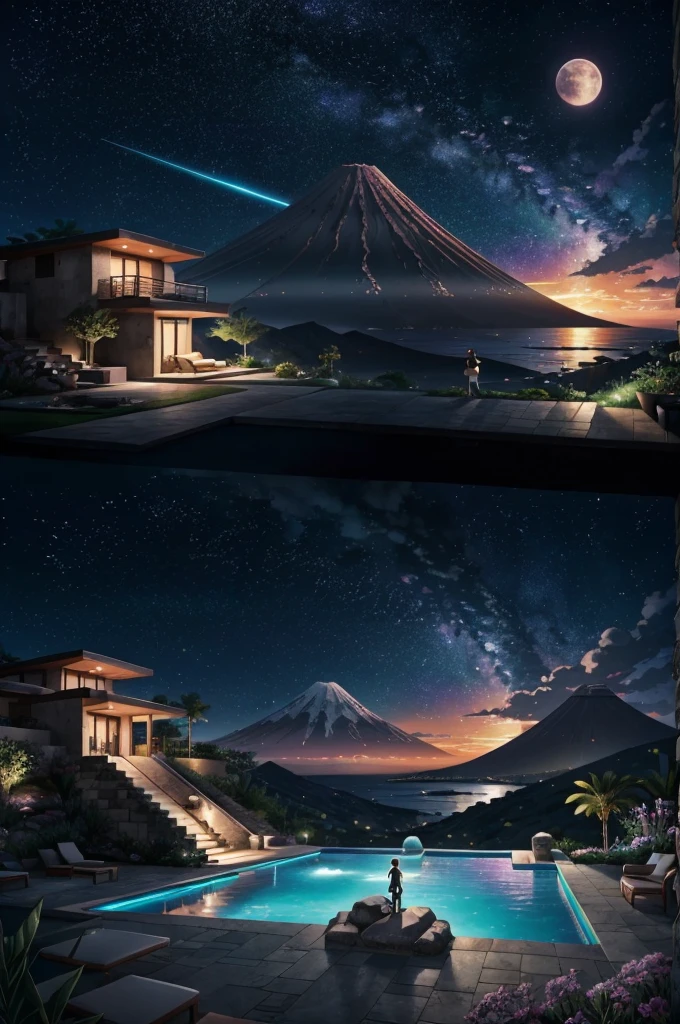 anime (best-quality:0.8), (best-quality:0.8), perfect anime illustration, we've been trying to reach you about your cars extended warranty, An illustration in collage style, with giant boulders, brutalist building sections, terraces, stairs, cacti, agave, concrete texture, multiple geometric shapes, hatch and cross hatching, planet saturn, volcano, moon, Luis Barragán's architectural style build, milky way galaxy, violet, one motorcycle, An illustration in collage style, with giant boulders, brutalist building sections, stairs, cacti, agave, concrete texture, multiple geometric shapes, hatch and cross hatching, planet saturn, volcano, moon, Luis Barragán's architectural style build, reflective pool, terraces. An elegant and modern build, in top of big boulders, with terraces, materials concrete, wood, steel and crystal, various gardens with tropical vegetation, cacti and rocks, stairs, a pool. In middle of sea, a big wave near, sunset, mountains and a volcano in the horizont, cute islands around, illustration format, cute color palette, detailed, masterpiece, award-winning work A 1999 Nissan GTR in Tron form r34 horizonte Lamborghini under a pink and purple sky, an anime drawing by Makoto Shinkai, trending on pixiv, magical realism, beautiful anime scene, cosmic skies. by makoto shinkai, ( ( makoto shinkai ) ), by makoto shinkai, anime background art, style of makoto shinkai
