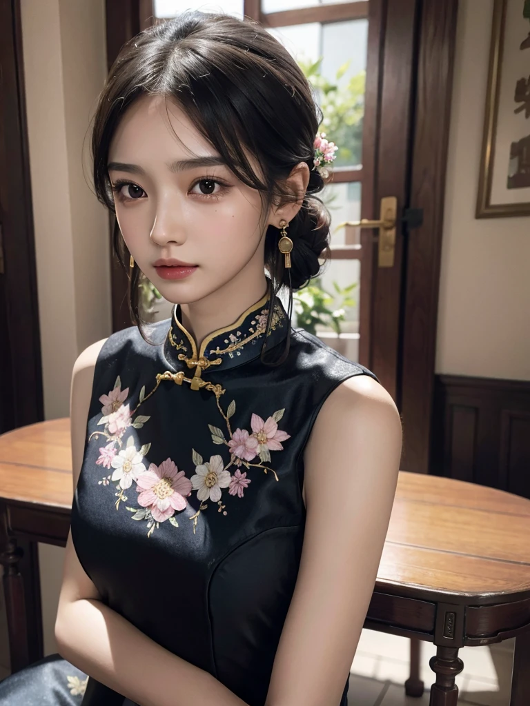 absurdres, RAW photo, extremely delicate and beautiful, masterpiece, Best Quality, ultra high resolution, 32k, hyperrealistic, ultra-detailed, perfect figure, in her 20s, very small head, very small face, delicate facial features, tearful mole, earring, ((huge breasts)), ((full body shot)), medium hair, black hair, ((cheongsam)), sleeveless, deep slit,