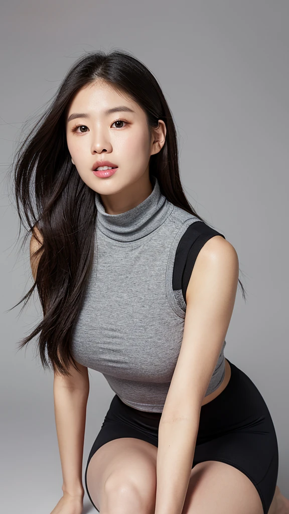 vivid,Normal chest,((between legs)),cute,(Detailed face),A light grey sporty sleeveless turtleneck outfit,Ultra-high resolution,（Photorealistic：1.7）,Black long hair,Black Background,