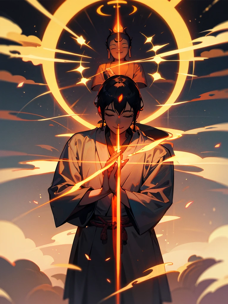 Amitabha Buddha smiling eyes closed zazen halo black hair hands together
