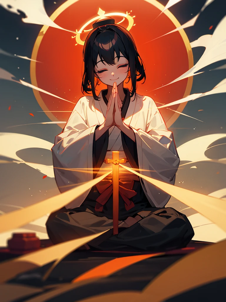 Amitabha Buddha smiling eyes closed zazen halo black hair hands together